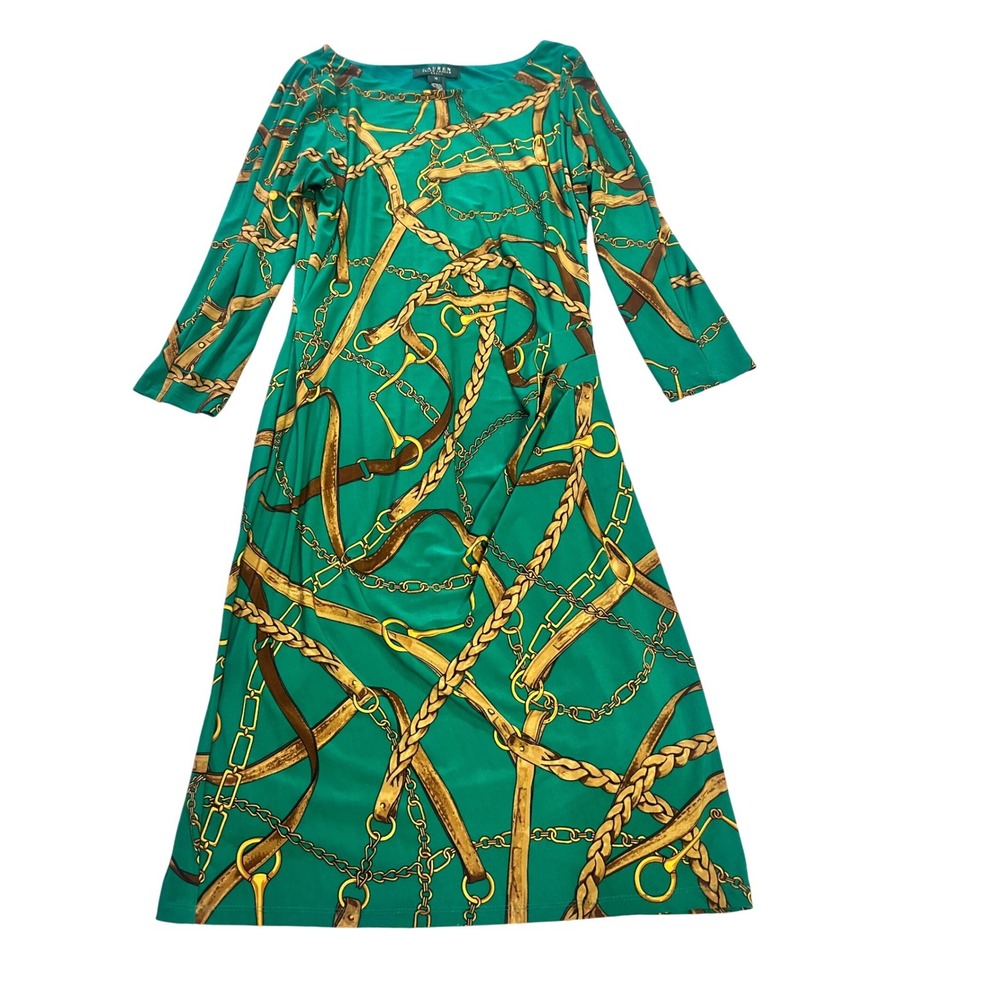 Lauren Ralph Lauren Green Equestrian Chain Print Sheath Dress Size 10 3/4 Sleeve - Picture 2 of 10